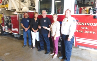 Members of the West Central Iowa Regional Board of REALTORS® (which includes Denison Realty, McCord Real Estate, Neppl Real Estate and A-1 Real Estate) recently donated $700 to the Denison Volunteer Firefighters Assn. This donation is a joint effort between the local council and the REALTOR® Foundation of Iowa. Every year, the Iowa REALTOR® Foundation contributes thousands of dollars to affordable housing programs, scholarships for bright, young Iowans, and promotes other programs across the state that keep Iowa an attractive place to live. President John Granzen and firefighters Jared Kropf and Tim Zenk accept the donation from Tracy Brus and Rita Schechinger of Denison Realty.